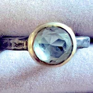 RING sz 7 gold bezel blue aquamarine with black silver band FINALLY PRICE